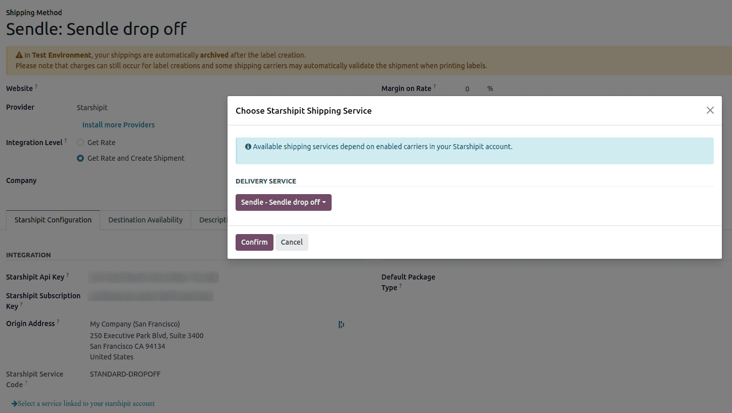 Odoo delivery method form showing Starshipit configuration tab with API key, subscription key, and origin address fields