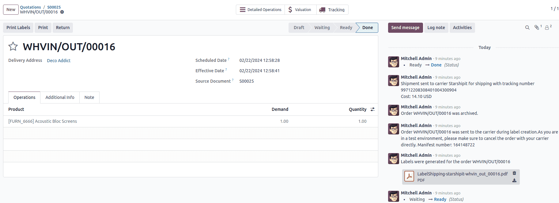 Odoo shipping method selection showing Starshipit services with rates for a specific order