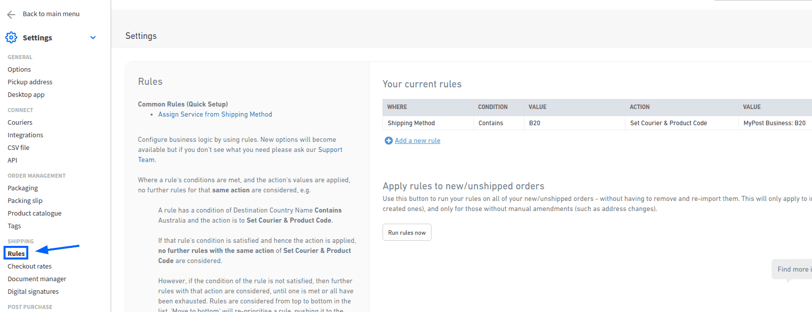 Starshipit shipping rules configuration showing condition-based carrier routing