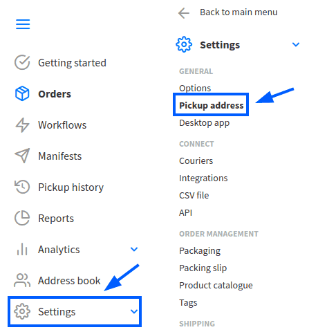 Starshipit Settings showing the Pickup Address configuration with warehouse address fields