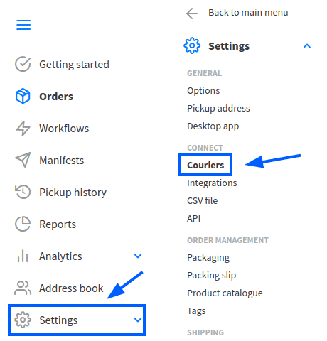 Starshipit courier integration page showing connected carriers and their status