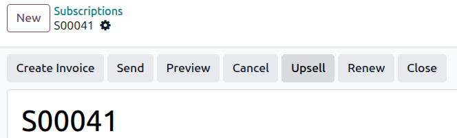 Odoo subscription management interface showing upsell and reporting integration