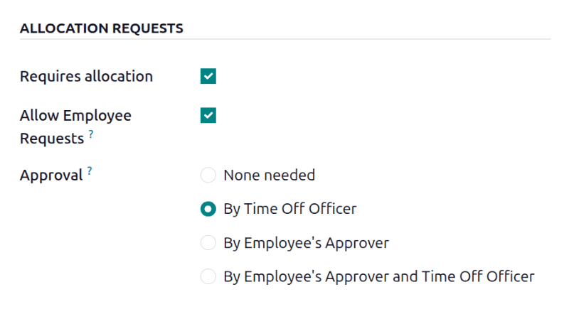 Odoo time off type allocation request section showing requires allocation checkbox and approval options