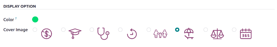 Odoo time off type display options showing color selection and cover image configuration