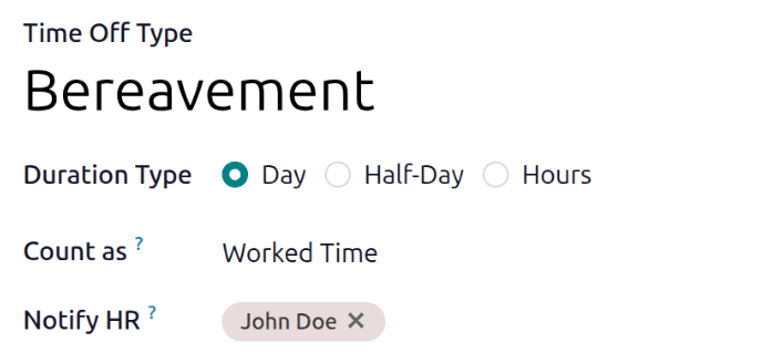 Odoo time off type form showing the general information section with duration type, count as, and approval fields