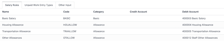 Odoo UAE payroll accounting setup showing rule configuration for employer cost tracking