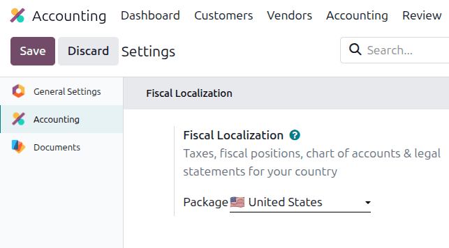 Odoo Accounting Settings showing the Fiscal Localization Package field set to United States, confirming the US GAAP localization is active
