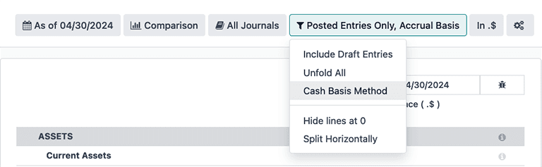 Odoo US accounting method filter for accrual versus cash basis reporting