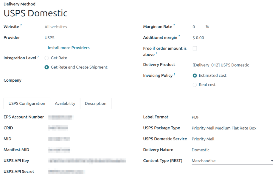 Odoo delivery method form configured for USPS with API credentials and service options