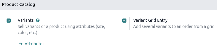 Odoo Sales settings showing Variants and Variant Grid Entry toggles in the Product Catalog section