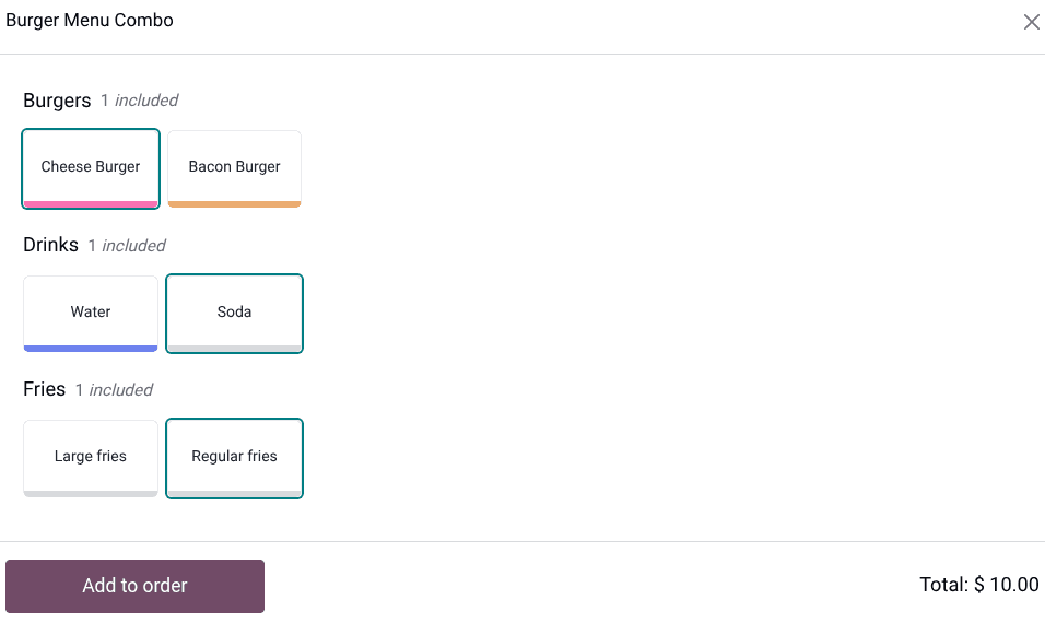 Step-by-step combo meal selection interface in Odoo POS showing options for each component of a combo product