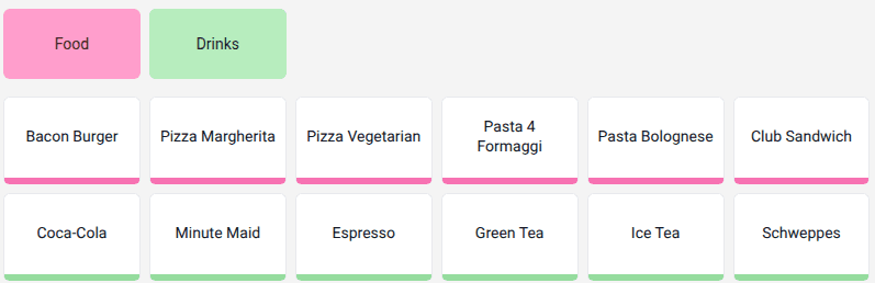 Products grouped by category in the Odoo POS cashier interface with visual section headers