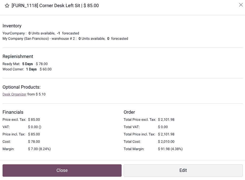 Redesigned product information window in Odoo POS showing price, tax, stock, barcode, and category details in a structured layout