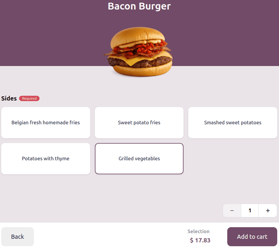 Product variant selection displayed on the Odoo POS self-order kiosk showing size and configuration options for customers