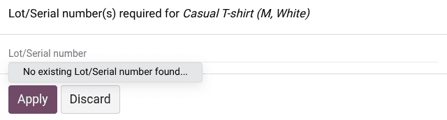 Serial number creation dialog in Odoo POS allowing cashiers to generate tracking numbers during checkout
