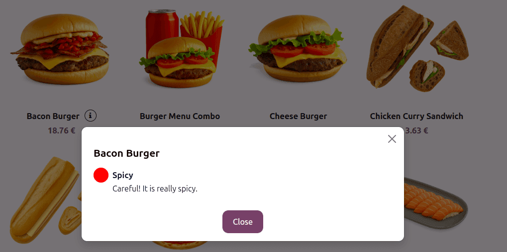 Product tags displayed on product cards in the Odoo POS self-order kiosk for customer-facing labels